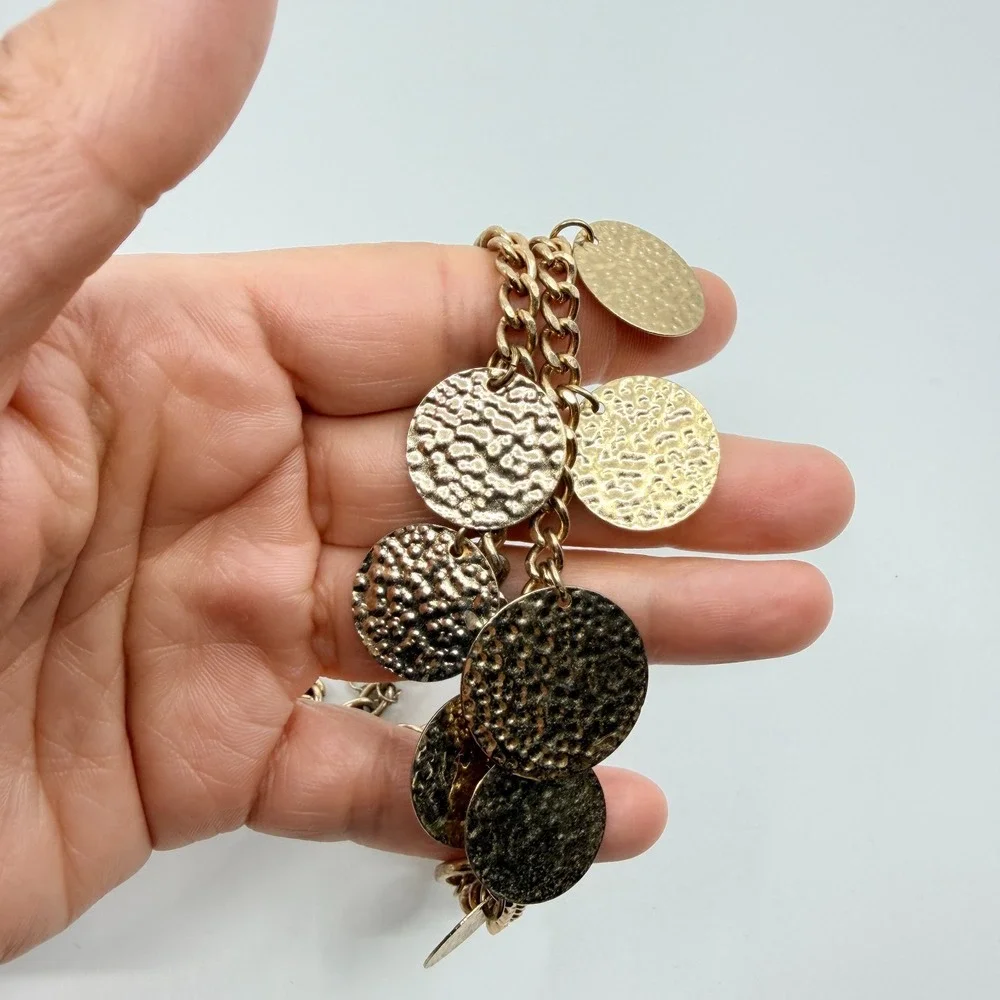 Vintage Boho Gold Tone Hammered Disc Bib Necklace Y2K Statement Chunky Chain